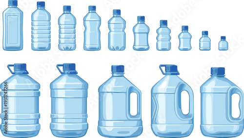 Plastic Water Bottle and Large Jug Collection Featuring 15 Unique Blue-Tinted Beverage Containers for Hydration and Retail Design