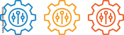 Settings gear and slider icon set in outline style for system controls preferences configuration and user interface design