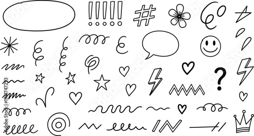 Hand drawn doodle symbols collection with speech bubble hearts stars lightning swirl lines and decorative sketch elements isolated on white background