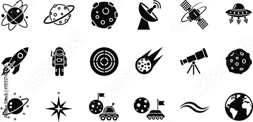 Comprehensive Space Exploration and Science Icon Set Featuring Rocket Ships Astronauts Satellites and Celestial Planets for Aerospace and STEM Design