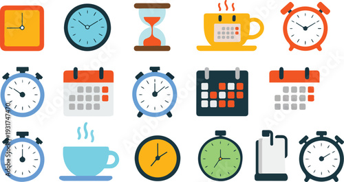 Comprehensive flat design vector icon set for time management featuring wall clocks alarm clocks stopwatches calendars and schedules