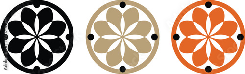 Decorative floral mandala circle vector ornament set in multiple colors with geometric flower pattern for logo and branding