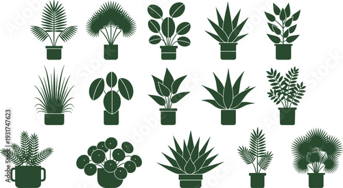 Professional Potted Indoor Plant Silhouette Collection Featuring 15 Unique Houseplant Varieties Including Palms and Succulents for Interior Design