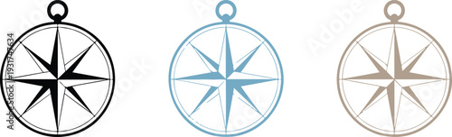 Compass navigation icon set with vintage wind rose symbols in multiple colors for direction travel exploration and map design