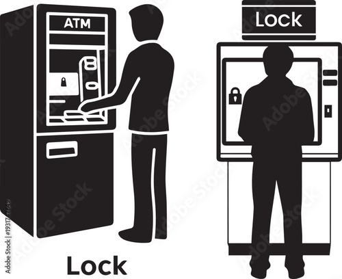 Silhouette of a person standing at a generic ATM machine with a Lock symbol above their head. Set of 2 ATM and locked ATM vector icons