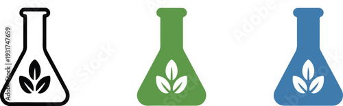 Eco laboratory flask icon set with leaf symbol representing green chemistry science research sustainability and biotechnology concepts
