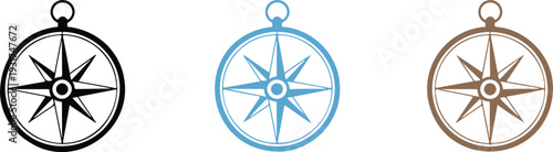Compass navigation icon set with vintage wind rose symbols in multiple colors for direction travel exploration and map design