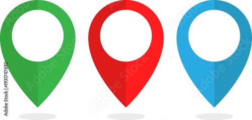 Colorful map pin icons in green, red, and blue for navigation