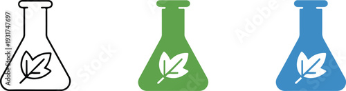 Eco laboratory flask icon set with leaf symbol representing green chemistry science research sustainability and biotechnology concepts
