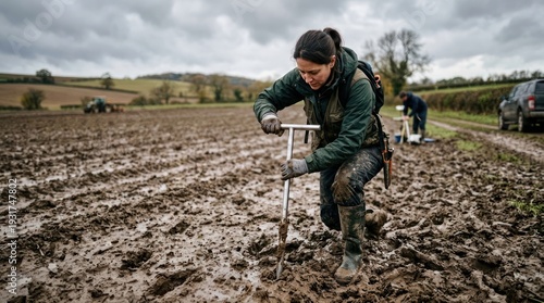 Researcher collects soil sample in muddy field.