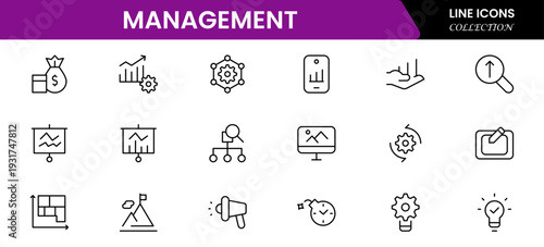 Management icon set. Contains such icons as schedule, human resource, management, development, planning, strategy, and more. Time management and planning concept