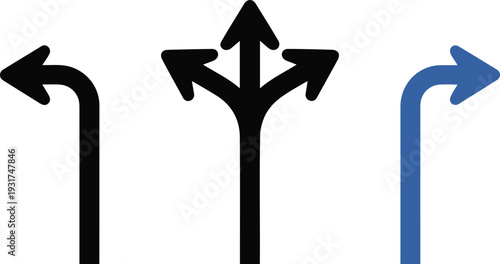 Direction choice arrow icon set with three-way navigation symbol representing decision making pathway options roadmap and strategy planning