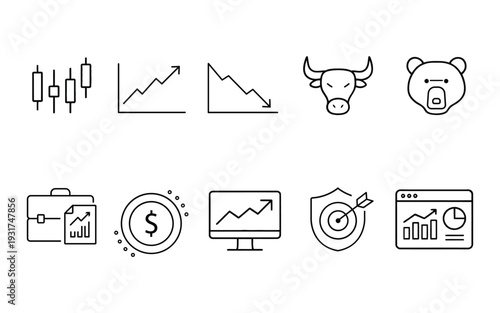 Stock Market and Trading Line Icons Set – Bull Bear Market, Investment Growth, Financial Analytics Vector Illustration