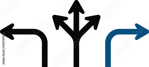 Direction choice arrow icon set with three-way navigation symbol representing decision making pathway options roadmap and strategy planning