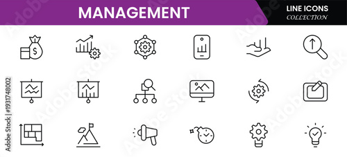 Management icon set. Contains such icons as schedule, human resource, management, development, planning, strategy, and more. Time management and planning concept