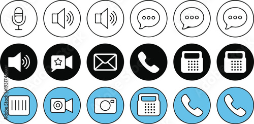 Vector icon collection of communication tools including microphone, speaker, chat, email, video, and phone for application interface design