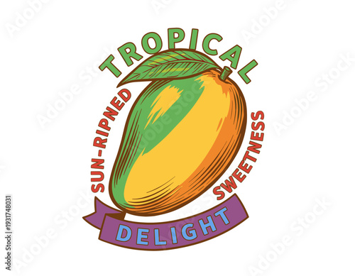 Tropical mango vintage artwork. Sun ripened sweetness delight. Fresh fruit illustration design. Healthy food graphic print. Exotic summer snack.