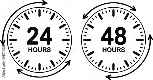 Delivery time clock icon set with 12, 24, 48, and 72 hours symbols representing shipping schedule, service duration, and business timing