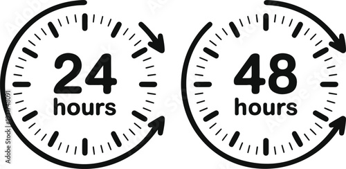 Delivery time clock icon set with 12, 24, 48, and 72 hours symbols representing shipping schedule, service duration, and business timing