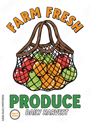 Farm fresh produce design. Fruit bag illustration. Apples oranges pears art. Local market goods. Healthy daily harvest.