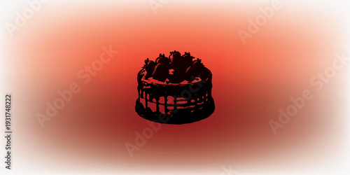 A dark intricately designed chocolate cake sits centrally on a warm gradient background.