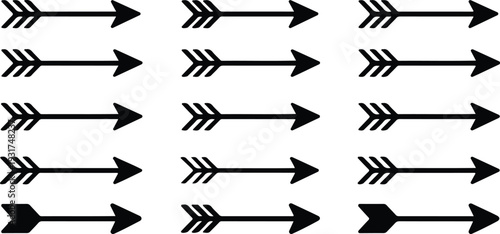 Vector arrow icons set featuring multiple navigation symbols for forward direction, pointer, user interface, and app control elements