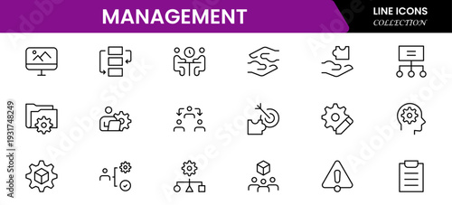 Management icon set. Contains such icons as schedule, human resource, management, development, planning, strategy, and more. Time management and planning concept