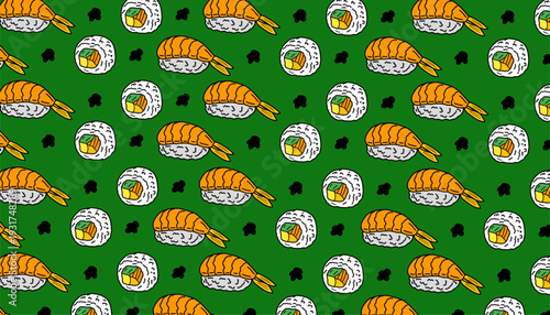 Japanese sushi maki pattern. Seamless ebi nigiri vector. Shrimp roll food illustration. Minimalist hand drawn line. Flat colorful asian cuisine. Repeating seafood textile design. 