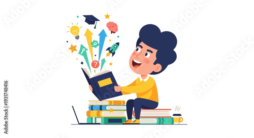 Power of Reading: Student Sitting on Stack of Books, Gaining Knowledge, Ideas, Innovation, and Creativity. Education and Learning Vector Illustration.