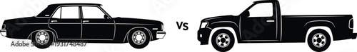 Classic Sedan Car vs Pickup Truck Comparison Silhouette Isolated on White Background Automotive Vector Illustration