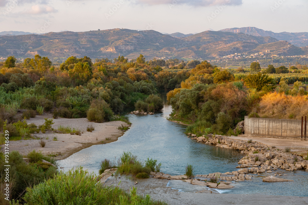 Fototapeta premium Alfios (Alfeios) river water dam near Alfiousa (Alfeiousa), Peloponnese, Greece