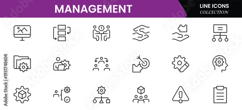 Management icon set. Contains such icons as schedule, human resource, management, development, planning, strategy, and more. Time management and planning concept