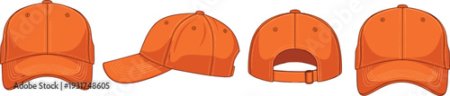 Orange Baseball Cap Mockup Set with Front Side Back and Curved Brim Views for Custom Sports Apparel Branding Vector Template.