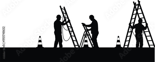 Construction Workers Silhouette on Ladders with Safety Cones Isolated on White Background Industrial Labor Vector Illustration