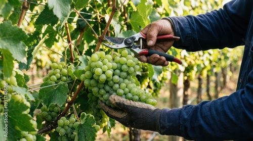 Harvesting green grapes on the vine.