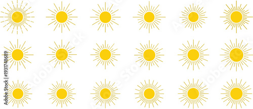Sun Icon Set with Radiant Yellow Solar Symbols Summer Sunshine Flat Design Elements Vector Collection