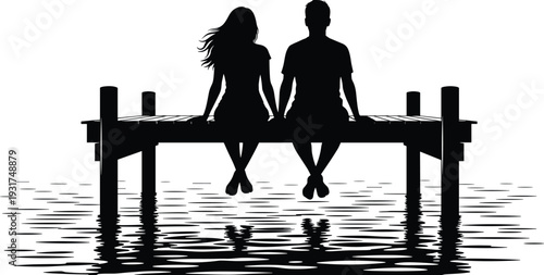 Couple Sitting on Pier at Sunset Silhouette Black and White Romantic Vector Illustration Isolated on White Background