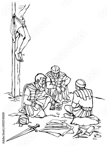 Vector drawing. Soldiers at the cross.