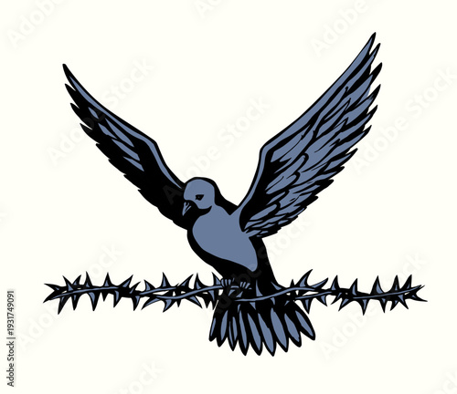 Vector drawing. Dove with thorn in the sky
