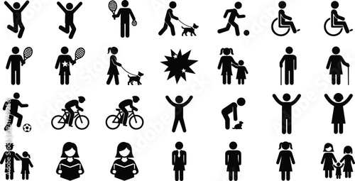 People, Icons, Silhouettes, Activity, Sports, Family, Disability, Pet, Walking, Cycling, Soccer, Wheelchair, Child, Adult, Collection, Black, Symbol, Pictogram, Set, Design