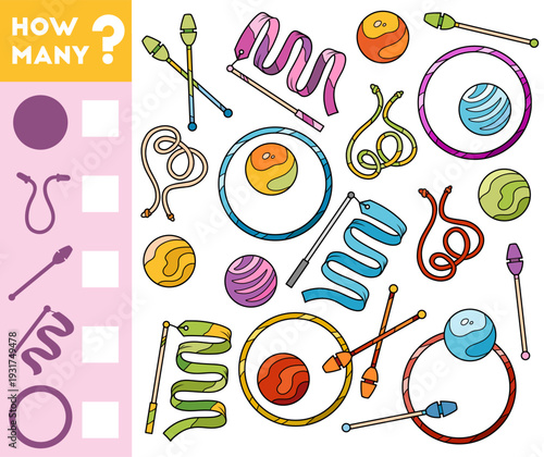 Counting Game for Preschool Children. Educational mathematical game. Count how many Rhythmic gymnastics objects and write the result! Fun worksheet for preschool learning and play.