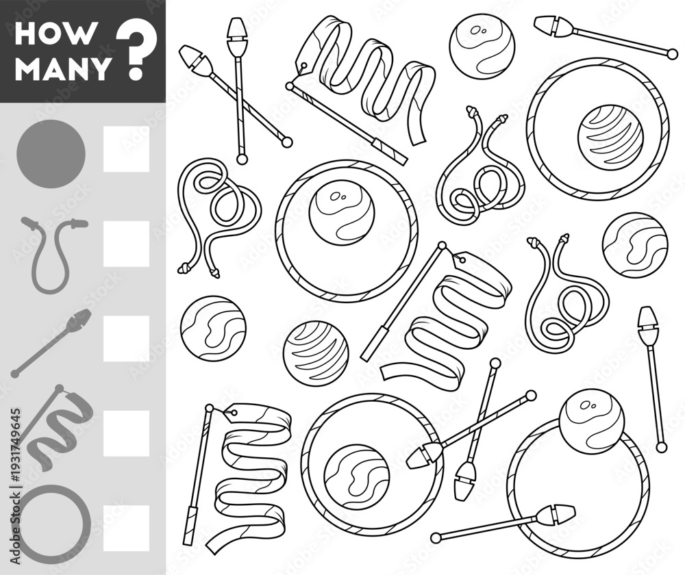 Fototapeta premium Counting Game for Preschool Children. Educational mathematical game. Count how many Rhythmic gymnastics objects and write the result! Black and white worksheet for preschool learning and play.