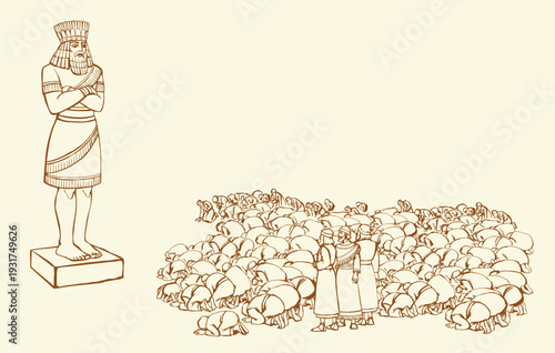 Vector drawing. People bowing befor idol