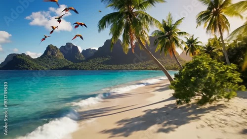 Tropical Paradise Beach Scene with Palm Trees and Mountains.