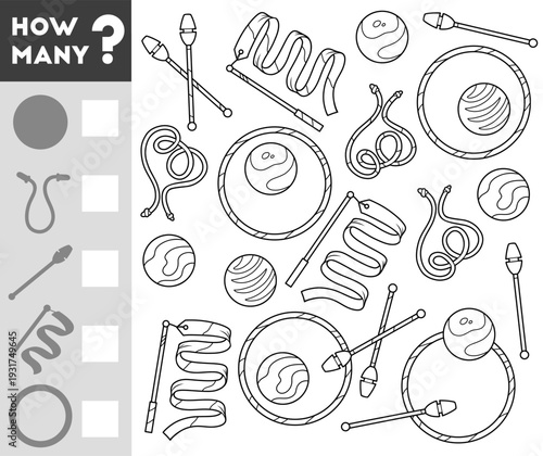 Counting Game for Preschool Children. Educational mathematical game. Count how many Rhythmic gymnastics objects and write the result! Black and white worksheet for preschool learning and play.