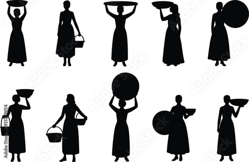 Black silhouettes of village women in traditional long dresses carrying baskets and water bowls on heads and hands isolated on white background