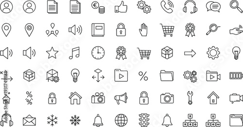 Universal Thin Line Web and User Interface Icons Set Including Media Shopping Security Communication and Navigation Vector Collection