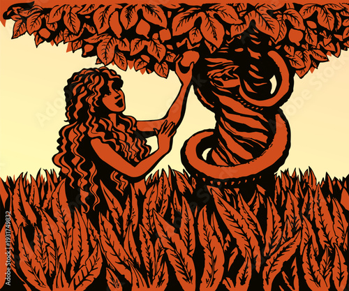 Vector drawing. Eve at the tree