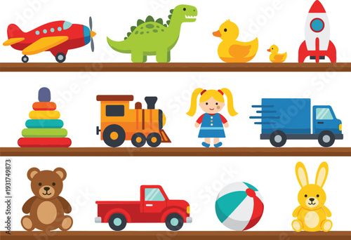 Colorful Kids Toys Collection on Wooden Shelves with Airplane Dinosaur Train Doll Cars Rocket and Stuffed Animals Vector Illustration