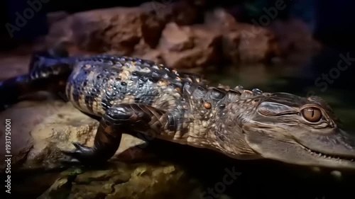 Captivating Close-Up: A Juvenile Alligator's Tranquil Pose on a Weathered Rock Formation in a Naturalistic Habitat
